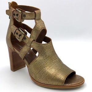 Donald J. Pliner heels back zipper buckles sandals block heels antique gold